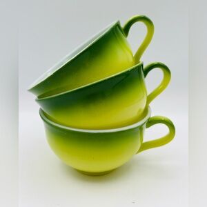 3 Hazel Atlas Green Yellow Ombre Milk Glass Tea Cups Farmhouse Retro Vintage